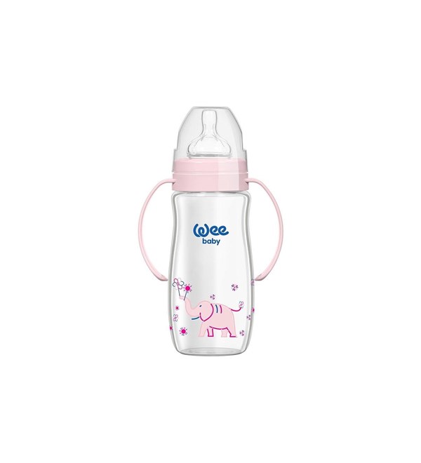 Wee Baby Klasik Plus Geniş Ağızlı Isıya Dayanıklı Kulplu Cam Biberon 120 ml Pembe